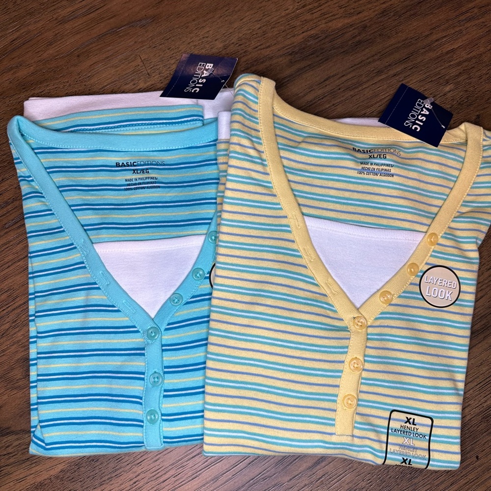 NWT Basic Editions Teal and Yellow Striped Tops. Layered look